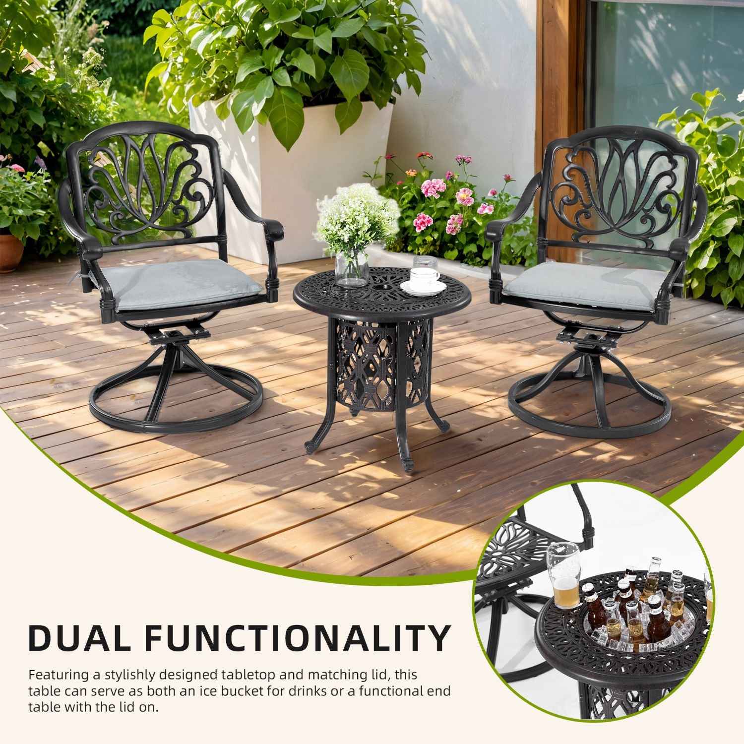 21" Side Table With Removable Ice Bucket- Rustproof Cast Aluminum Frame, Hand-Brushed Finish, Food-Grade 304 Stainless Steel Bucket - Perfect for Indoor & Outdoor, Patio, Balcony, and Poolside